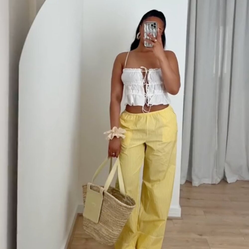 ZARA NEW WOMAN SS24 YELLOW STRIPED PYJAMA STYLE TROUSERS 6929/414 SMALL S NWT